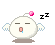 A 4-frame pixel art contact sheet showing a white round character with closed eyes, blue drool, and small wings sleeping under pink or yellow orbs while emitting "zzz" text.