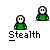 Pixelated green figure with white face in various poses above 'Stealth' text on gray background.