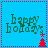 Blue background with red dotted border, green 'happy holidays' text, and a small red Christmas tree icon.