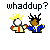 Pixel art of two figures with yellow spiky hair and blue-and-white clothing, each holding a red object, arranged in a with text above and below
