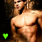 A shirtless muscular man with long hair appears in four , each showing a different colored heart symbol below him