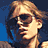 Two side-by-side pixelated images of a person with light brown hair wearing dark sunglasses, one showing a profile view and the other a front view against a blue background.