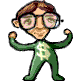Green cartoon figure with brown hair and glasses flexing arms, wearing a green suit with light yellow Bitcoin symbol on chest.