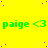 Yellow background with green text 'paige <3' repeated four times horizontally across three , scattered purple dots, and a gray rectangle in the bottom-right corner