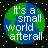 Pixelated globe with green landmasses and blue oceans overlaid by white text reading 'It's a small world afterall' against a black background with scattered white dots.