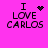 A bright pink background displays four identical text blocks reading "I LOVE CARLOS" with varying pixelated symbols above the "I".