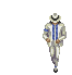 Pixelated figure in white suit with blue stripes and fedora performing sequential dance moves against gray background.