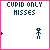 Animated icon sequence showing a blue stick figure with red accents performing actions against white background, text 'CUPID ONLY MISSES' at top and 'SOMETIMES' below.