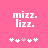 Pixelated text 'mizz. lizz.' in white on pink background with five heart symbols below, two versions showing different heart positions.