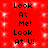 Red background with white sparkles and repeated black text reading "Look At Me!" and "Look At U!" in a pattern