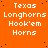 Orange background with repeated white text "Texas Longhorns Hook'em Horns" in pixelated font, scattered black dots, and a solid gray rectangle in the bottom-right corner.