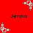 Red background with white pixelated shapes and black text reading 'Jenna' in four positions.