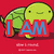 Pixelated green turtle with closed eyes and a smile stands behind red-outlined blue text on a solid red background.