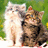 Two pixelated cats stand side-by-side against a green background with yellow accents; the left cat is light-colored, the right is brown and black striped.