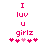 Pixelated pink text and symbols on white background, with two identical frames showing 'I luv u girlz' followed by five heart-like icons.