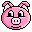 Pixelated pink pig face with large black eyes, white pupils, and a small snout on gray background.