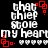 Pixelated text reads 'that chief stole my hearth' with red square outlines and white hearts on black background, repeated in four quadrants.
