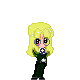 Pixel art character with blonde hair and dark green outfit in multiple poses with floating eyes, plus speech bubbles and a second character.
