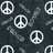 A static image shows multiple white peace symbols on a dark gray pixelated background with scattered lighter gray pixel clusters.
