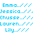 Pixelated blue text on white background lists names with trailing slashes and stylized phrases, partially obscured by gray rectangle.
