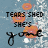 Animated icon with blue background showing repeated text 'TEARS SHED SHE'S gone' over orange circular shapes and white speckles.