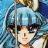 Pixelated image of a character with light blue hair and dark eyes, wearing a white top with red accents, set against a blue background.
