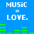 Blue background with white text 'MUSIC = LOVE.' repeated twice, green audio equalizer bars below each text block, two distinct equalizer bar patterns visible.