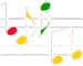 Musical notes on a five-line staff with colored note heads in red, green, and yellow against a gray background.