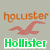 Static pixel art icon featuring orange lowercase 'hollister' text, a pink seagull silhouette, and green uppercase 'Hollister' text on a light gray background.