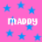 Pink background with scattered blue stars and four instances of the word 'maddy' in white pixelated text.