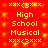 Red background with yellow pixelated text reading "High School Musical" and repeating musical note symbols in a pattern