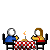 Pixel art of two figures at a checkered table with candle, showing dialogue bubbles changing from 'So...' to 'Do you like...uhh...', then 'stuff?', 'Yeah...', and finally 'HELP!!!' in the final frame.