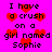 Pixelated text on bright pink background with red heart symbols, repeating 'I have a crush on a girl named Sophie' in four identical sections.
