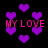 Pixelated purple hearts float against a black background with repeated pink text 'MY LOVE' in a retro digital style.