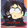Pixelated cartoon character with spiky black hair and large white eyes holds a phone to their ear, wearing a black outfit with a cross symbol.