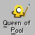 Pixelated yellow figure with white circular face holding brown pool cue with blue tip, standing above text "Queen of Pool" on gray background.