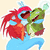 Pixelated cartoon character with red hair and blue wings holds a green bottle, mouth open in laughter.