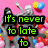 Pixelated image of two figures on a pink background with colorful balls, displaying text that changes from "It's never too late to" to "Party!"