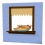 Animated sequence showing a girl with blonde hair and red bows peeking from behind a pie in a window, moving through various poses.