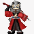 Pixelated character in red robe and silver helmet holding sword, shown in four sequential poses with weapon and arm positions changing.