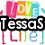 A colorful pixelated image with text overlays and abstract patterns, featuring 'TessaS', 'Love', 'Life', and 'lz' in various fonts against a vibrant background.