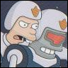 Two cartoon characters in white helmets with orange emblems, one human-like with wide eyes and open mouth, the other robotic with red eye and sharp teeth.