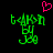 Green pixelated text 'tehkon by Joo' on black background with pink heart above left version; right version lacks the heart.