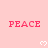 Pink background with repeated red 'PEACE' text and white heart symbols arranged in a pattern
