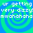 Pixelated text overlays four blue-green spiral patterns on a blue background, repeating 'ur getting ur getting very dizzy!very dizzy! mwahahahaha mwahahaha' in white block letters.