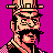 Pixel art portrait of a character with dark hair and mustache wearing a hat, checkered scarf, and black outfit against solid magenta background.