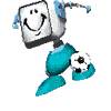 12 animated robot icons with white square heads, teal limbs, and black-and-white soccer balls, each displaying distinct poses and ball positions