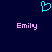 A static pixel art image with a dark blue background, featuring two identical pink 'Emily' text labels and one cyan heart symbol above them.