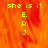 Yellow text on orange flame-like background with vertical list of letters E. R. J. below 'she is it' in four , one grayed out