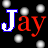 Pixelated text 'Jay' in red and white with blue outlines on black background, scattered light gray dots, partial gray rectangle at bottom right.